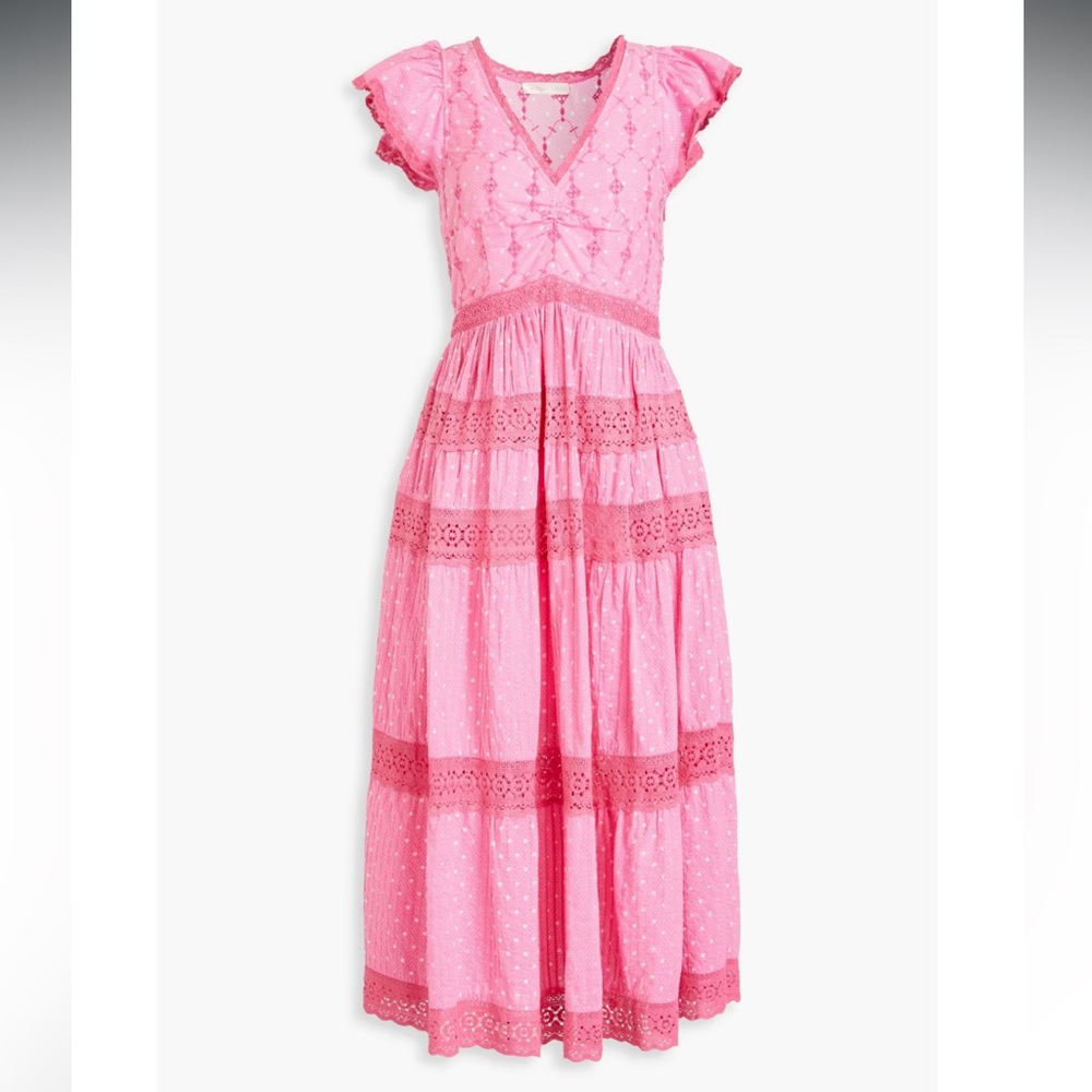 Loveshackfancy - Abena Crocheted Lace-trimmed Polka-Dot Cotton Midi Dress Pink